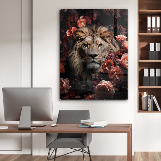 MuchoWow® Glasschilderij 90x120 cm - Schilderij acrylglas - Leeuw - Dier - Natuur - Botanisch - Bloemen - Roze - Foto op glas - Muurdecoratie woonkamer - Wanddecoratie slaapkamer - Schilderijen