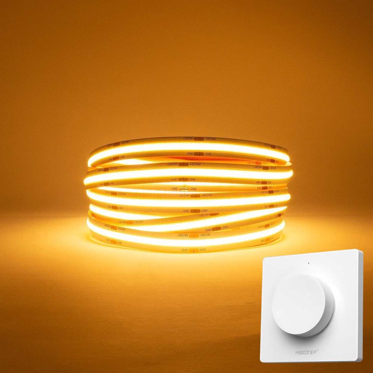 DiamantLED LED Strip COB - 5 Meter - Complete Set - 2700k - Warm Wit - 24V - 480LED/m - Met Draadloze Mi-Light(MiBoxer) wanddimmer(Wit)