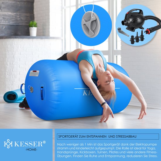 KM KM Fit Opblaasbare turnmat, airtrack, gymnastiekmat, 4 m, turnmat, opblaasbare fitnessmat, gymnastiekmat, inclusief draagtas, elektrische luchtpomp & reparatieset, trainingsmat, uv-bestendig, blauw