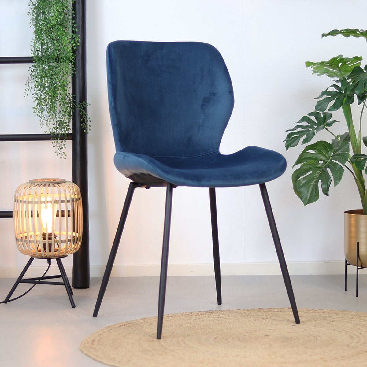 Dimehouse DH Interior Set van 4 Eetkamerstoelen Velvet Blauw Shawn - Stof - Zonder Armleuningen - Velvet - Industrieel