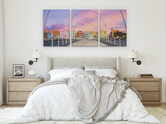 Artaza Peinture sur toile Triptyque Maisons colorées de Willemstad à Curaçao - 180x80 - Groot - Photo sur toile - Impression sur toile