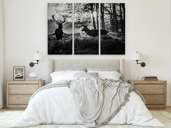 Artaza Peinture sur Toile Triptyque Deux Cerfs au Coucher du Soleil - Wit Zwart - 180x120 - Groot - Photo sur Toile - Impression sur Toile
