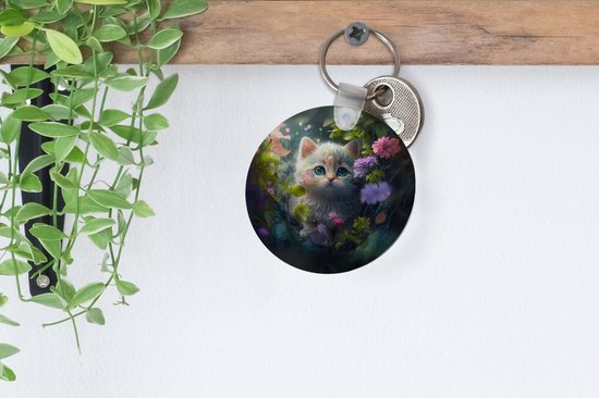 Porte-clés rond - Chat avec fleurs - Porte-clés en plastique - Cadeaux filles - Cadeaux filles - Gâterie pour Chats
