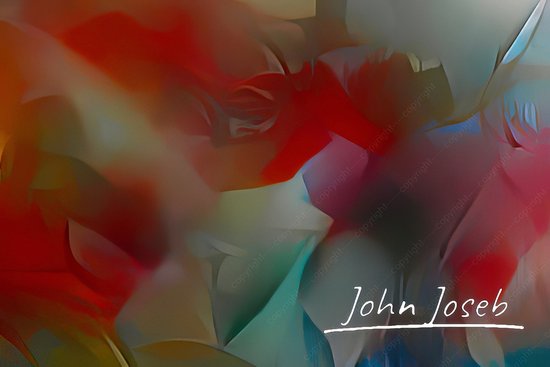 JJ-Art (Aluminium) 80x80 | Chien drôle, surréalisme moderne, coloré, abstrait, art | animal, portrait, Kandinsky, bleu, jaune, marron, rouge, carré, moderne | photo peinture sur dibond, décoration murale métal