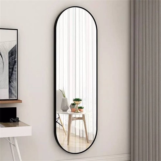 SensaHome Oval Passpiegel - Minimalistische Design Wandspiegel - Spiegel met Metalen Rand - Zwart - Modern - Kleedkamer Spiegel - 50x160CM - Zwart