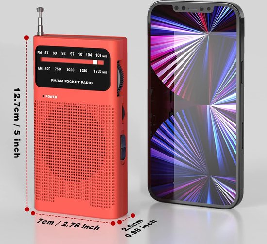 Draagbare Radio, AM FM-transistorradio met Beste Ontvangst, Mini-pocketradio met Hoofdtelefoonaansluiting voor Luidspreker, Speler Werkt op 2 AA-batterijen