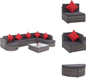 vidaXL Loungeset Poly Rattan Grijs - 2 Hoekbanken 3 Middenbanken - Salontafel - 2 Halfronde Krukken - Rode Kussentjes - Kussens - PE Rattan - Stalen Frame - Waterbestendig - Tuinset