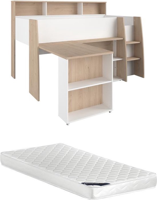 Combinatiebed – 90 x 200 cm – Met bureau en opbergruimte – Wit en houtlook – Met matras – APOLINO L 208.4 cm x H 139.9 cm x D 133.3 cm