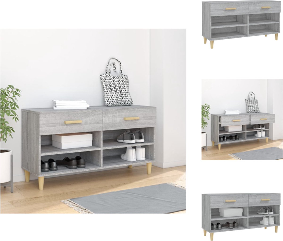 VidaXL Schoenenkast Elegant Opbergruimte 2 lades 4 vakken Afmetingen- 102x35x55cm Grijs Sonoma eiken Schoenenkast