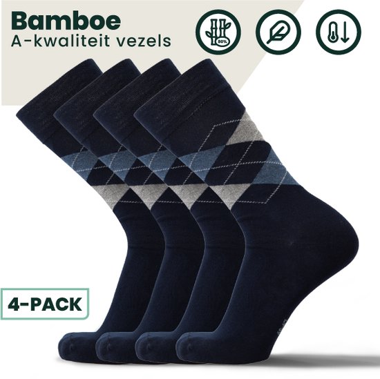 Bamboe Sokken | Geruite Sokken | Anti-zweet Sokken | Naadloze Sokken | Heren Sokken | Dames Sokken | 4 Paar - Marineblauw | Maat: 46-47 | Merk: Bamboosa