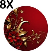 BWK Flexibele Ronde Placemat - Diep Rode Achtergrond met Rode en Gouden Bloemen - Set van 8 Placemats - 40x40 cm - PVC Doek - Afneembaar