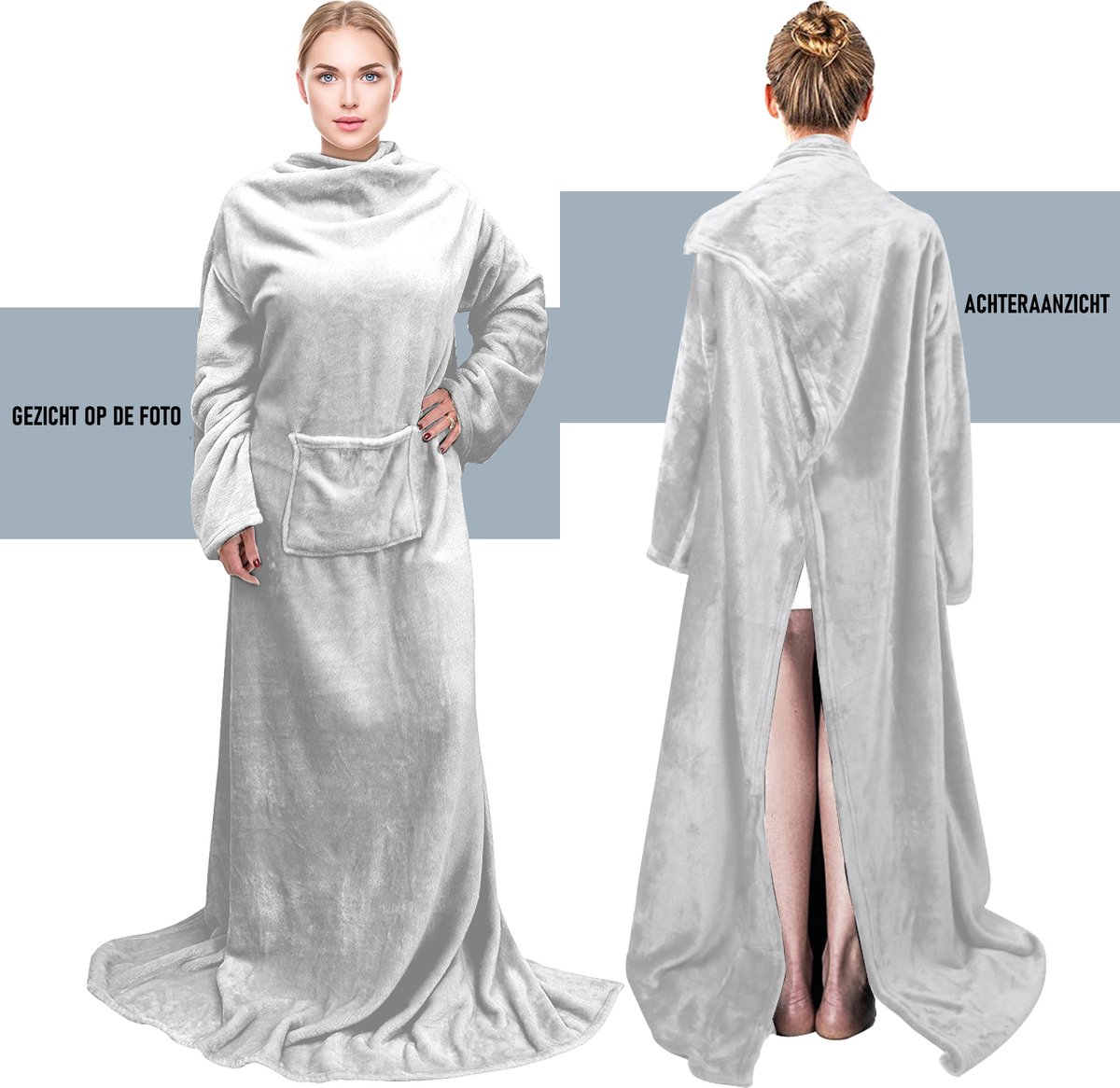 CALIYO Fleece Deken - Flanellen Deken - Blanket met Mouwen en Capuchon – Dames & Heren - Sherpa Fleece – TV Deken - Bank Deken - 170x200 cm - Lichtgrijs