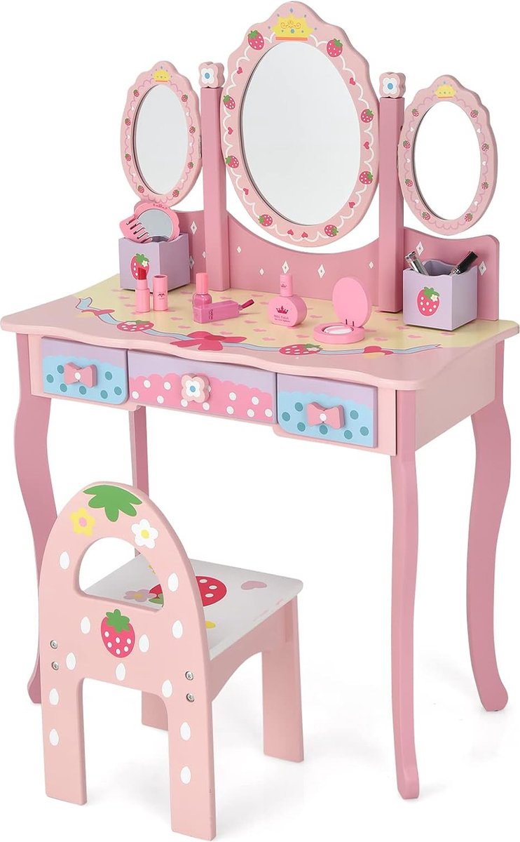 Kinderkaptafel met stoel kaptafelset met afneembare spiegel 2 opbergdozen en 3 laden houten make-uptafel met kantelbeveiliging voor meisjes roze