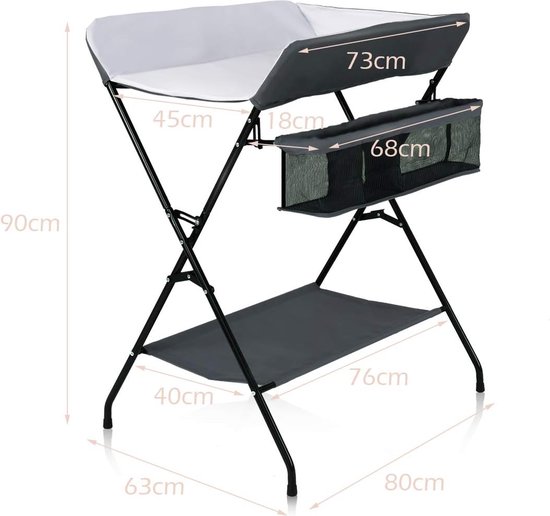 Babyluiertafel, opvouwbaar, draagbaar babyluierstation, commode met kussen, met wielen, mobiele commode met aankleedkussen, 80 x 66 x 98 cm (zwart