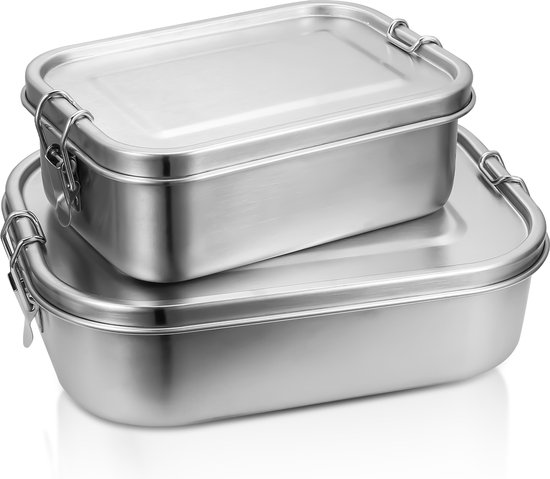 Deux boîtes à lunch en acier inoxydable empilées, la supérieure étant plus petite que l'inférieure.