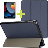 iMoshion Trifold Tablet Hoes & Screenprotector Gehard Glas Geschikt Apple iPad 9 (2021) 9e generatie / iPad 8 (2020) 8e generatie / iPad 7 (2019) 7e generatie tablethoes - Donkerblauw