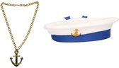 Carnaval verkleed Matrozen hoedje - wit - met gouden anker ketting - volwassenen - accessoires set