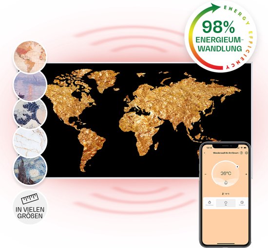 Klarstein Wonderwall Air Art Slimme Infrarood Verwarming - Warmtepaneel - 120X60 Cm - 700 W - 14 M² - Design Front - App Controle - Geruisloos - Wandmontage - Afstandsbediening - Praktisch - Thermostaat - Weektimer - Ip44 - Motief: Gouden Kaart