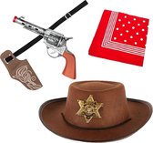 Set de déguisement de carnaval - Chapeau de cowboy marron/mouchoir rouge/étui avec revolver - pour enfants
