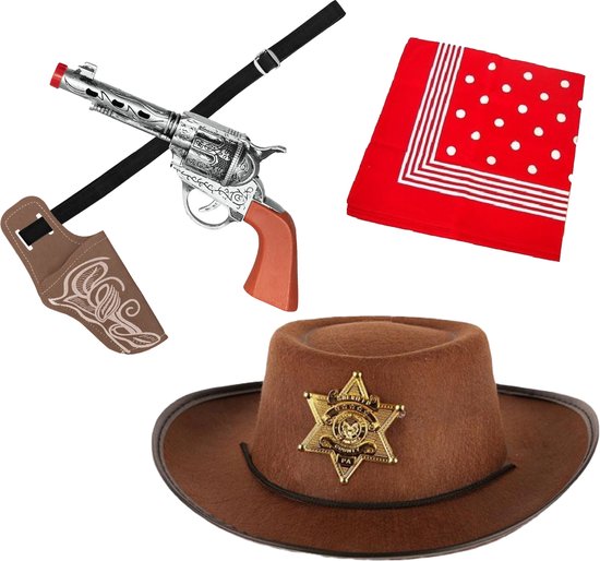 Set de déguisement de carnaval - Chapeau de cowboy marron/mouchoir  rouge/étui avec