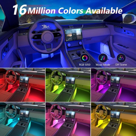 Auto-interieur LED-verlichting, TASMOR RGB LED Auto Bluetooth met APP, 48 LED's Meerkleurig waterdicht ontwerp voor auto, Auto Muziek LED-strip met afstandsbediening 12V