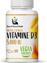 Base Of Natural Health - Vitamine D3 5.000IU Capsules - Voedingssupplement - Ondersteunt immuniteit - Hoge dosis vitamine D3 - Helpt bij het behoud van gezonde botten - Gemakkelijk in te nemen capsules - Vitamine D Volwassenen - Optimaal Gedoseerd