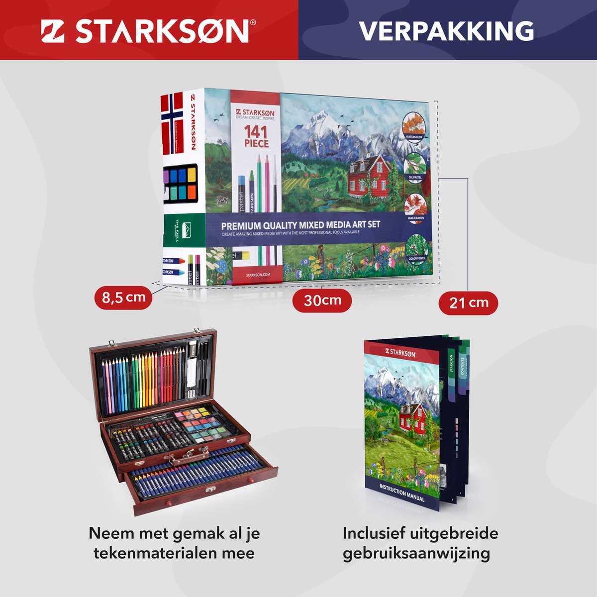 STARKSØN 141-Delige Houten Tekenkoffer Set Incl. Kleurpotloden, Oliepastel Krijt, Waterverf & Aquarelverf - Teken Doos - Teken Koffer Voor Kinderen & Volwassenen — afbeelding 10