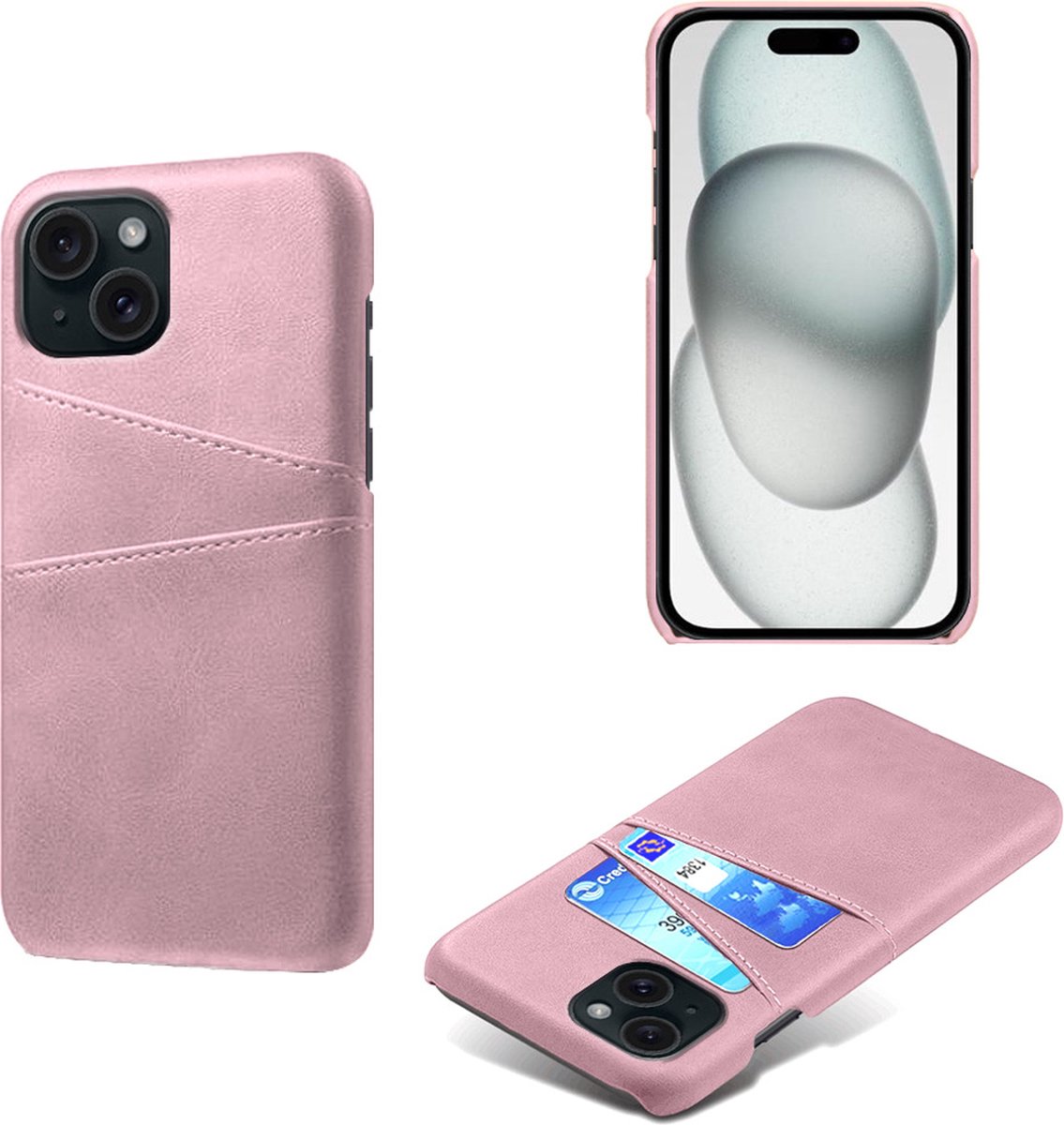 Backcover met Opbergvakjes + PMMA Screenprotector voor iPhone 15 Plus _ Roze Goud