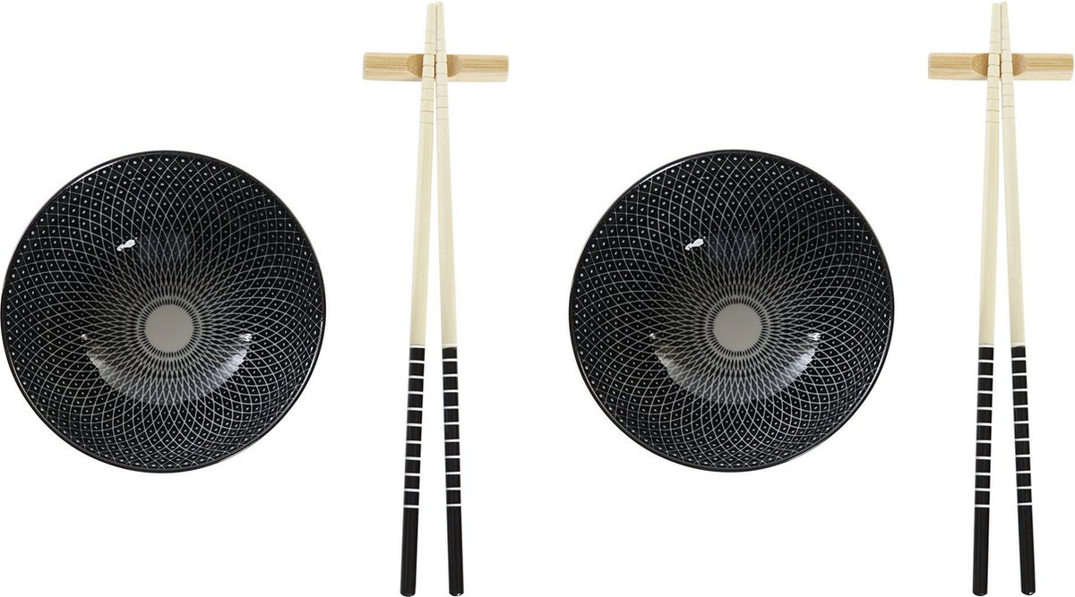 6-delige sushi serveer set aardewerk voor 2 personen zwart/wit - Sushi servies