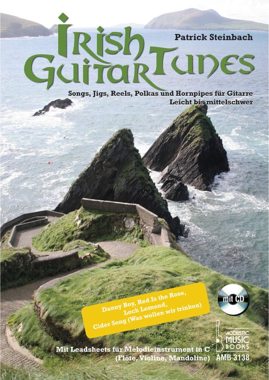 Boekomslag 'Irish Guitar Tunes' met Patrick Steinbach. Opname van rotsachtige kustlijn met paden.