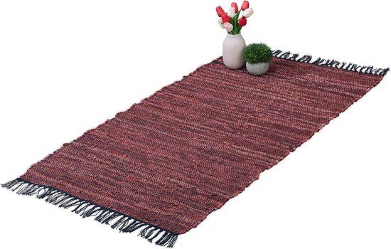 Relaxdays vloerkleed - leder en katoen - tapijt - antislip - chill mat - lappen - franjes - Rood, 70 x 140 cm