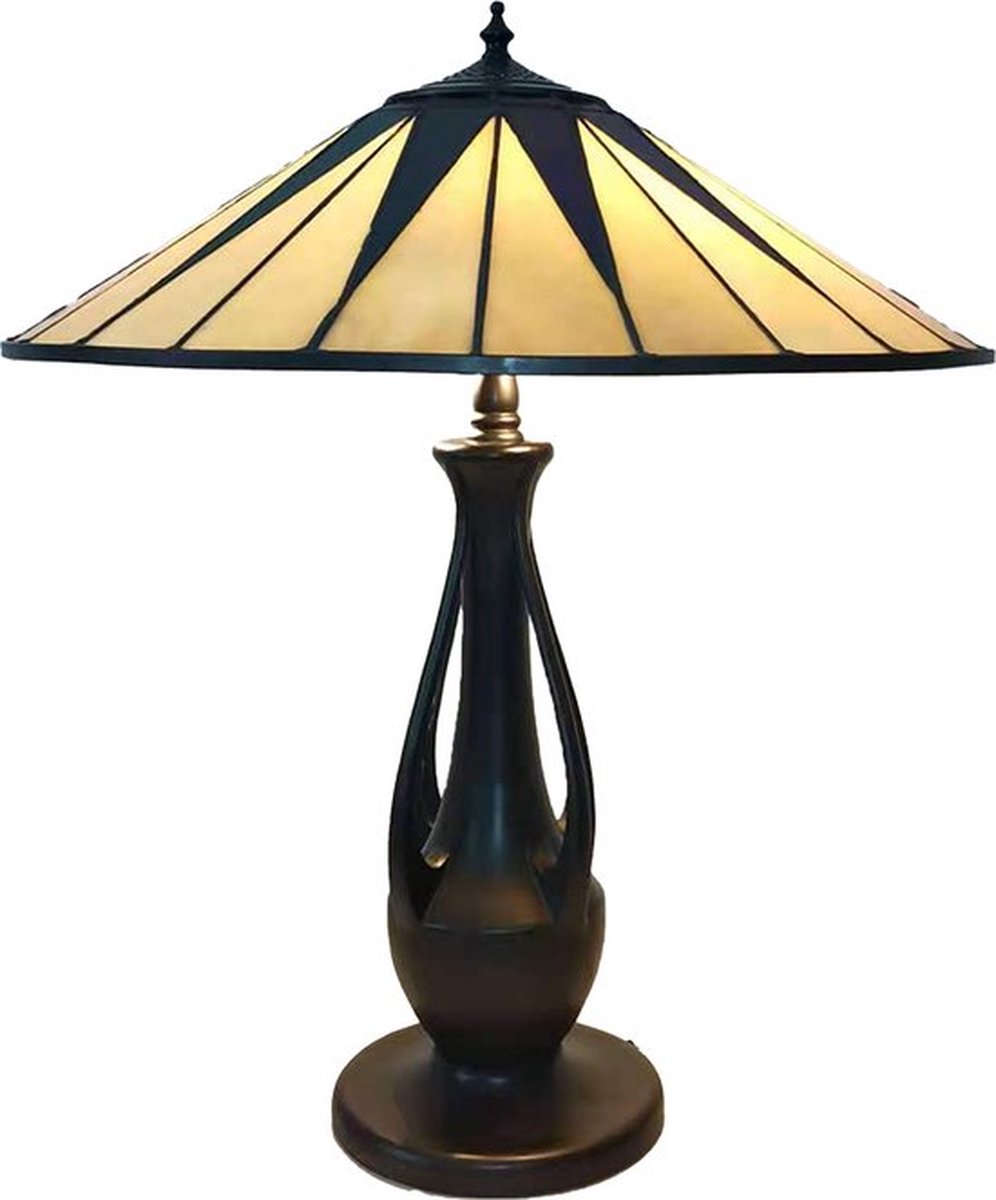 LumiLamp Tiffany Tafellamp Ø 48*60 cm Beige, Bruin Glas, Kunststof Rond Tiffany Bureaulamp Tiffany Lampen