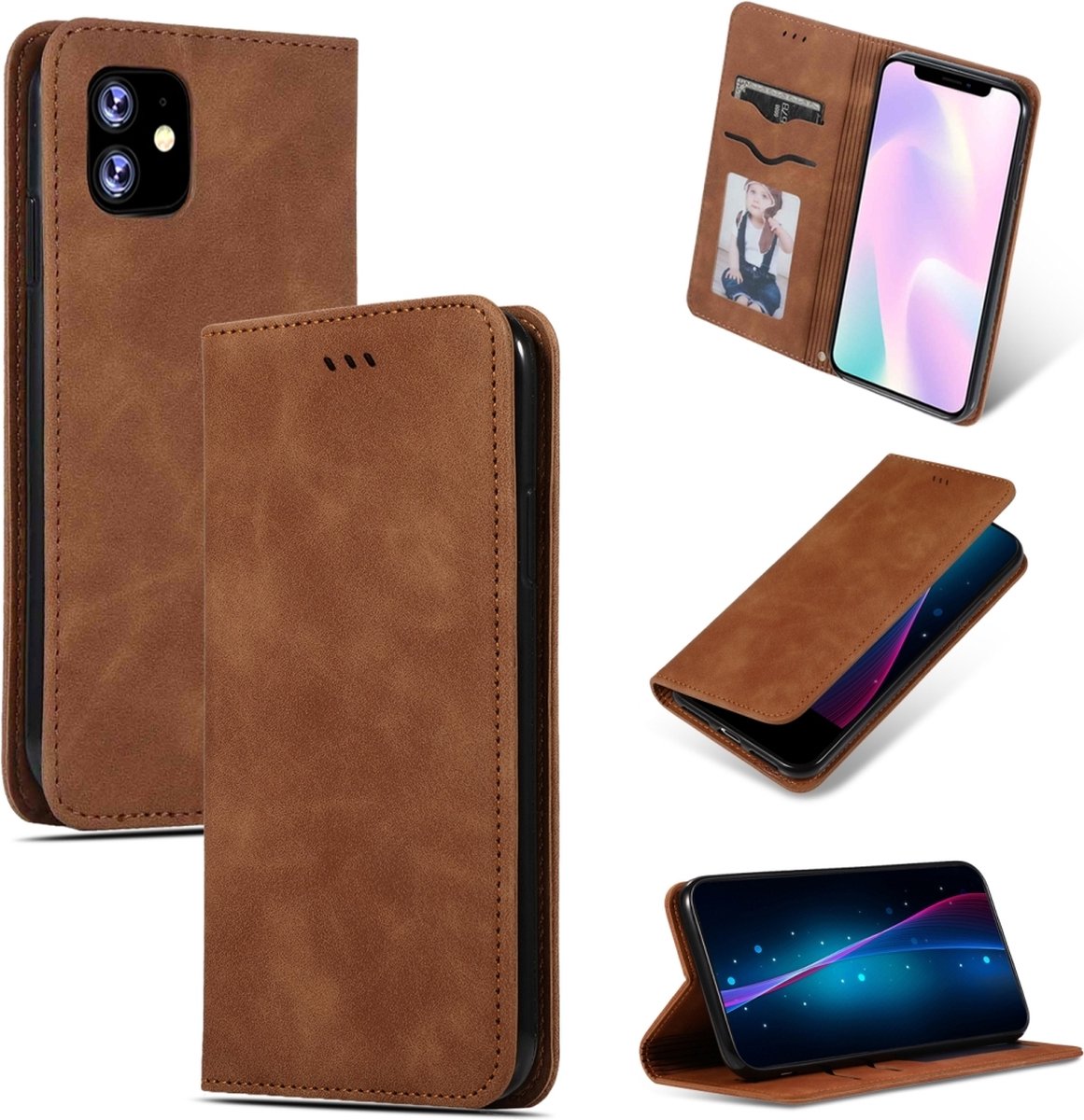 Mobigear Telefoonhoesje geschikt voor Apple iPhone 11 Hoesje | Mobigear Retro Slim Bookcase | Pasjeshouder voor 2 Pasjes | Telefoonhoesje voor Pinpas / OV Kaart / Rijbewijs - Bruin
