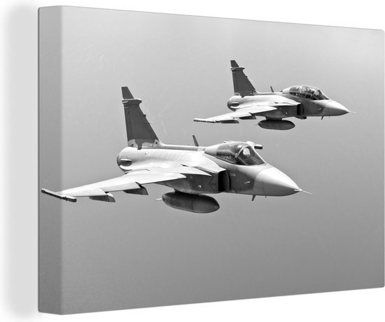 Zijaanzicht van een zwart-wit canvas met twee vliegende straaljagers, strak gespannen op een houten frame.