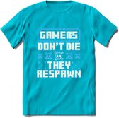 Gamers don't die pixel T-shirt | Neon Blauw | Gaming kleding | Grappig game verjaardag cadeau shirt Heren – Dames – Unisex | - Blauw - XL