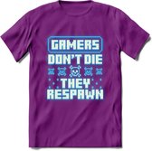 Gamers don't die pixel T-shirt | Neon Blauw | Gaming kleding | Grappig game verjaardag cadeau shirt Heren – Dames – Unisex | - Paars - L