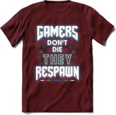 Gamers don't die T-shirt | Neon | Gaming kleding | Grappig game verjaardag cadeau shirt Heren – Dames – Unisex | - Burgundy - XXL