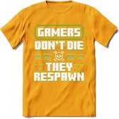 Gamers don't die pixel T-shirt | Groen | Gaming kleding | Grappig game verjaardag cadeau shirt Heren – Dames – Unisex | - Geel - M