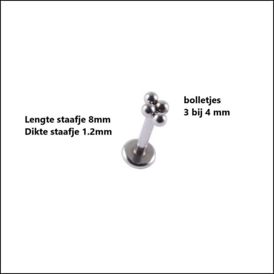 Helixpiercing 4 bolletjes zilverkleurig 3x4mm en 1.2mm x 8mm chirurgisch staal