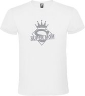 Wit T shirt met print van "Super Mom " print Zilver size S