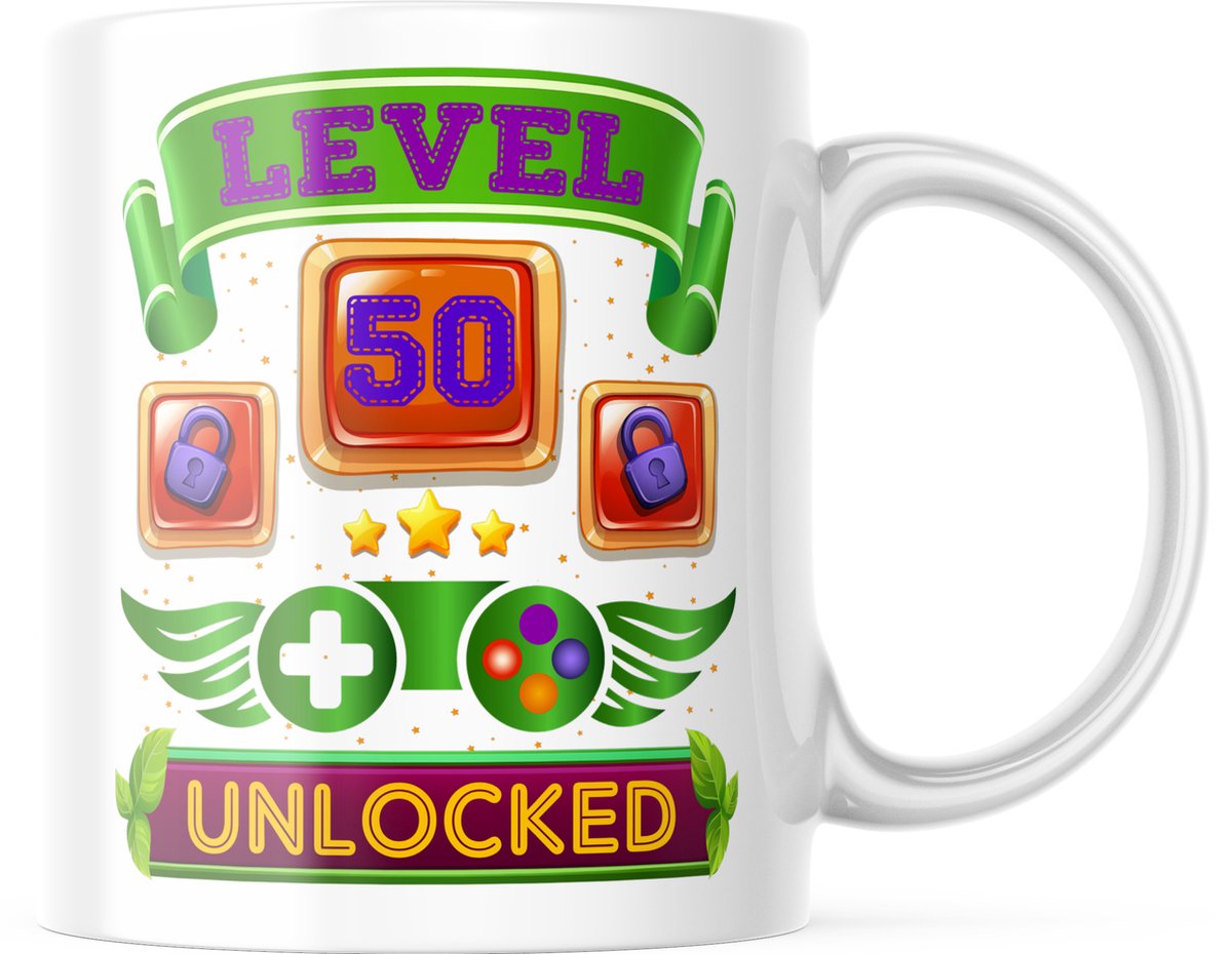 Verjaardag Mok level 50 unlocked | Verjaardag cadeau | Grappige Cadeaus | Koffiemok | Koffiebeker | Theemok | Theebeker