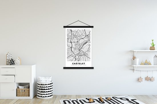 Porte-affiche avec affiche - Affiche scolaire - België - Châtelet - Plan de la ville - Carte - Zwart Wit - Carte - 120x180 cm - Lattes noires