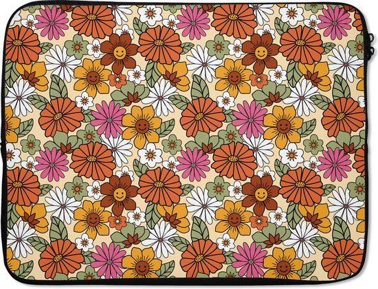 Housse d'ordinateur portable avec un imprimé floral rétro orange, rose, jaune, vert et blanc sur fond clair.
