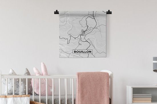 Wandkleed - Wanddoek - Zwart Wit – België – Plattegrond – Stadskaart – Kaart – Bouillon - 60x60 cm - Wandtapijt