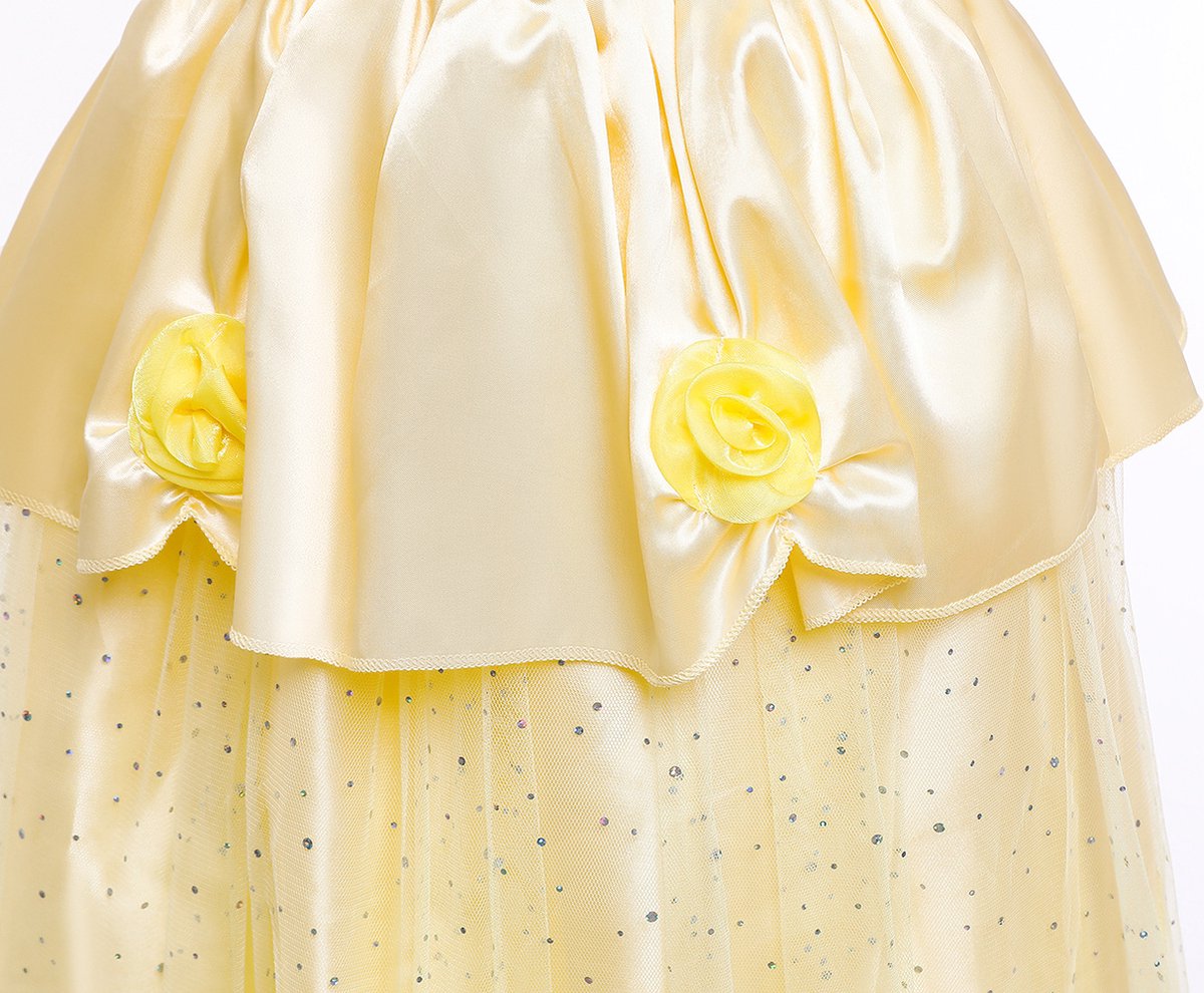 Joya Kids® Gele Verkleedjurk | Prinsessen Jurk | Prinses & het Beest verkleedkleding | (130) + kroon, Staf, Handschoenen, Ketting, Ring & Oorbellen | Sinterklaas kado cadeau meisje — afbeelding 14