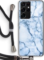 Case Company® - Samsung Galaxy S21 Ultra hoesje met Koord - Blauw marmer - Telefoonhoesje met Zwart Koord - Bescherming aan alle Kanten en Over de Schermrand