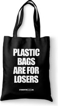 Studentenmeuk - Katoenen Tas -PLASTIC BAGS ARE FOR LOSERS- Black - Shopper - Fair Trade