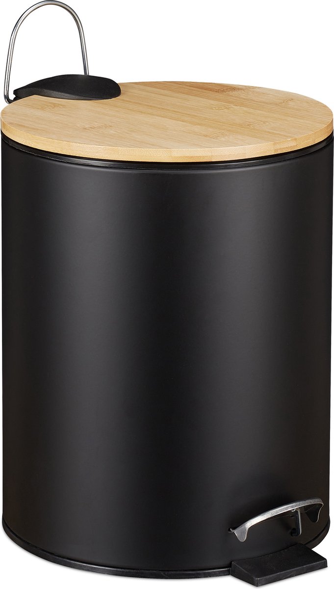 Relaxdays pedaalemmer 5 liter - softclose vuilnisbak met binnenemmer - prullenbak - bamboe - zwart