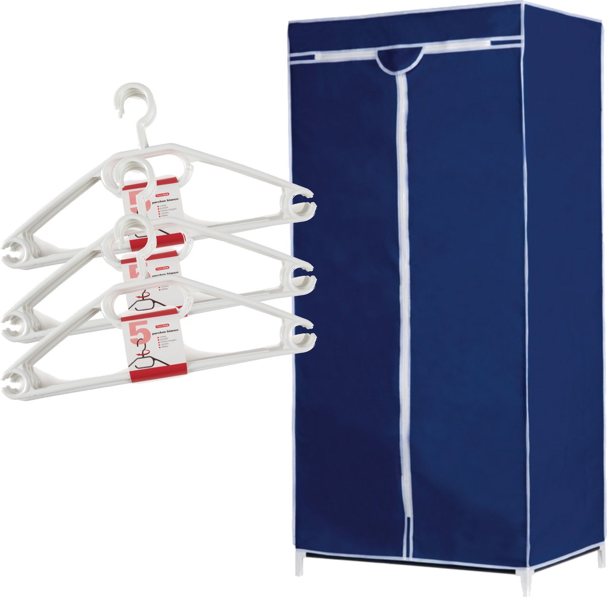 Set van mobiele opvouwbare kledingkast met blauwe hoes 160 cm en 15x plastic kledinghangers wit