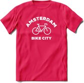 Amsterdam Bike City T-Shirt | Souvenirs Holland Kleding | Dames / Heren / Unisex Koningsdag shirt | Grappig Nederland Fiets Land Cadeau | - Roze - L